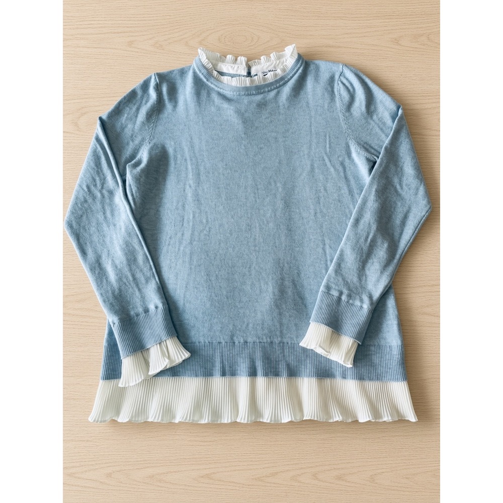 Vila Milano Womens Blue Knit Sweater White Pleated Ruffle Trim Keyhole Back Med